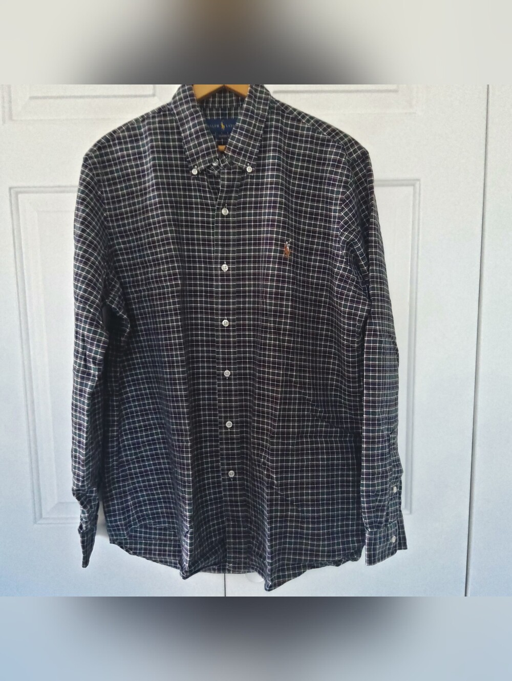 Ralph Lauren 100 % Cotton Long Sleeve Button Collar Navy Green Black White Plaid